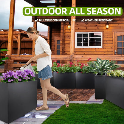 Megawodar Metal Tall Long Planter Box Large Rectangular Planter Flower Pot with Drainage Holes for Indoor Outdoor Deck Porch Garden Home Patio Front Door (Black, M)