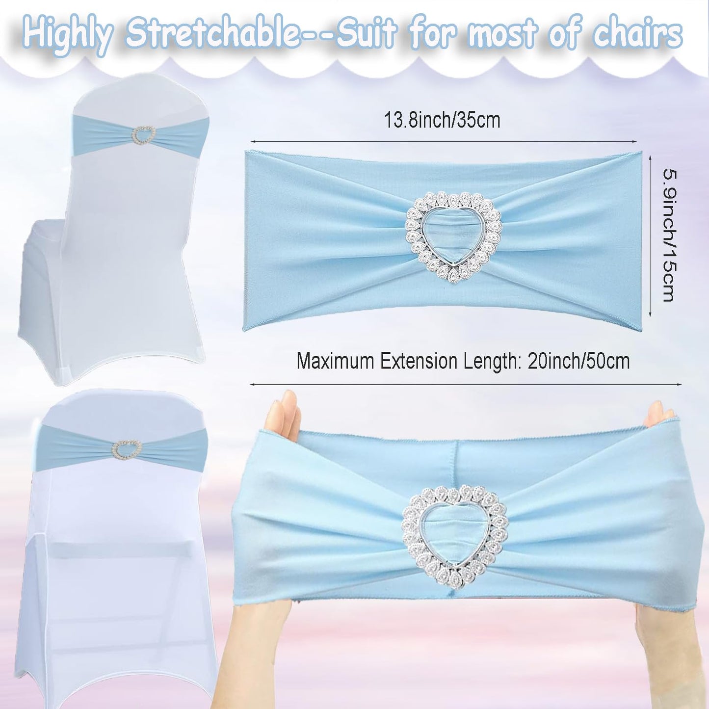 Fbewom Spandex Sky Blue Chair Sashes Bows 50 Pack Stretch Chair Cover Bands with Buckle Slider Elastic Chair Ties for Wedding Banquet Party Event Decoration