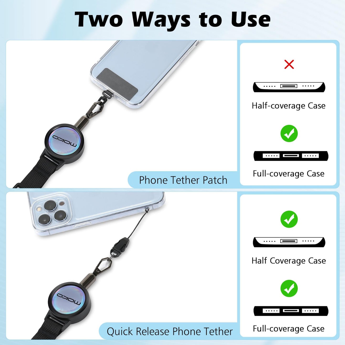 MoKo Anti-theft Phone Tether, Phone Lanyard Retractable Steel Line Cellphone Strap with Locking Carabiner and Metal 360° Tether Tab for Outdoor Skiing Hiking Climbing Fishing, Black&Silver