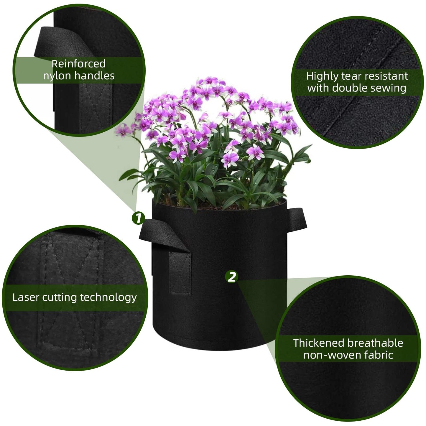 WHATWEARS 24 Pack 10 Gallon Plant Grow Bags, Thickened Nonwoven Fabric Pots with Handles, Vegetable Planter Bags Containers, Cloth Planters for Garden Vegetable/Flower/Plant/Fruits Outdoor (Black)