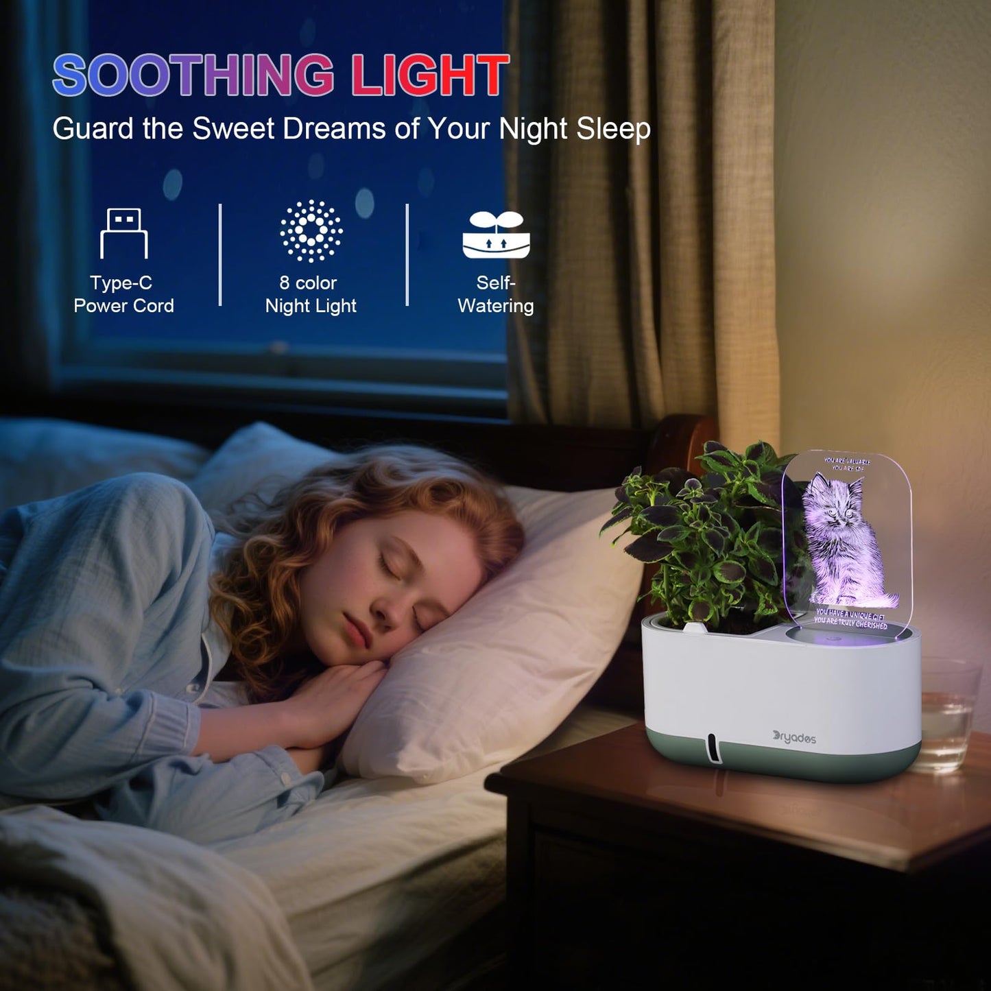 Self-Watering Planter with LED Note Board & 7 Colors Pen Acrylic Message Board with Light Acrylic Dry Erase Board, Led Cat Board Night Light with Planting Pot for Children's Day Gifts(No Plant&Seed)