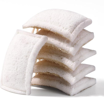 JOYMOOP Compressed Cellulose & Loofah Scrubbers, Non-Scratch Scrub Sponge, Kitchen Sponges for Dishes, 6-Pack, Dual-Sided Dish Sponge for Nonstick Cookware & All Surfaces