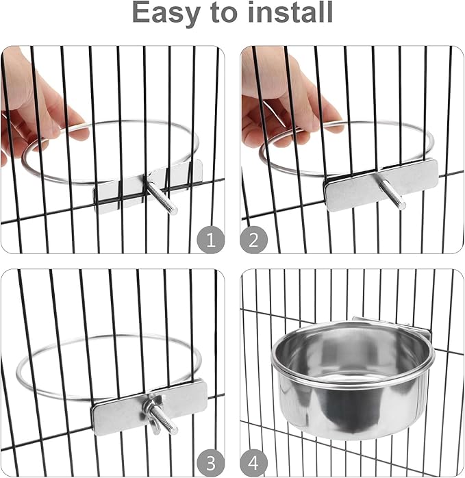 Wontee Pet Food Water Bowl with Clamp Holder Stainless Steel Feeding Cups Feeder for Dog Bird Parrot Cat Rabbit, 2 Packs (M)