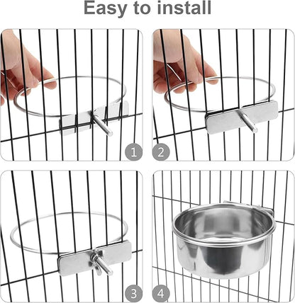 Wontee Pet Food Water Bowl with Clamp Holder Stainless Steel Feeding Cups Feeder for Dog Bird Parrot Cat Rabbit, 2 Packs (L)