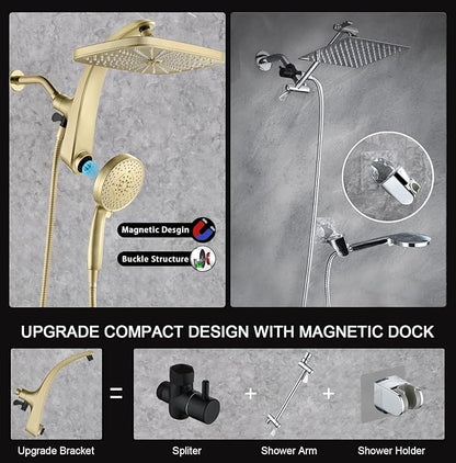 BOZYBO Rain Shower Head with Handheld: High Pressure Shower Heads with Handheld Spray Combo, 12" Rainfall Shower Head and 9 Sprays Hand Showerheads with Magnetic Docking and Power Jets, Gold 1.75GPM
