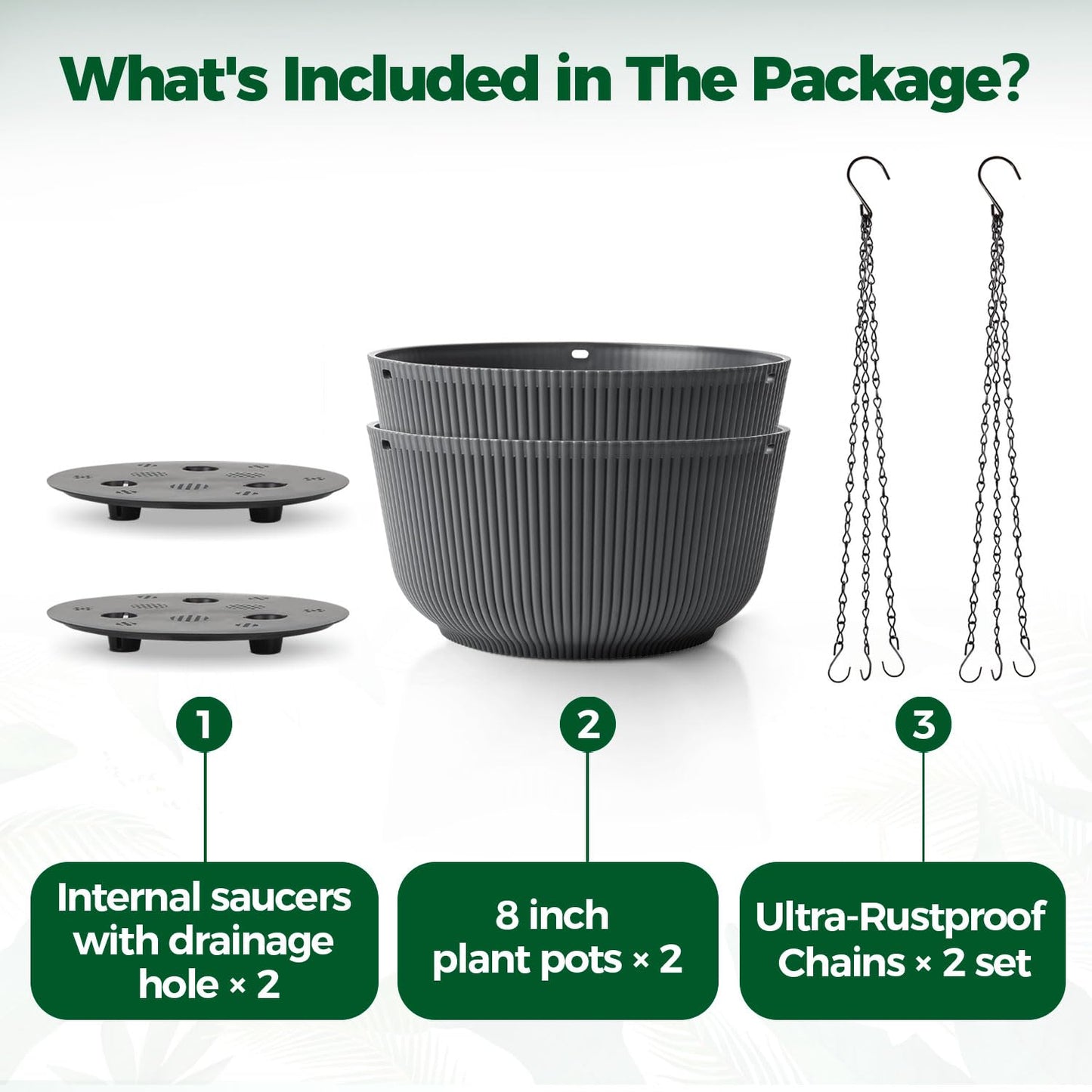 T4U 8 Inch Hanging Planters for Indoor Outdoor Plants, Self Watering Hanging Pot Pack of 2, Hanging Pots with Drainage Hole & Plug & Chain with 3 Hooks for Garden Home Decor, Grey