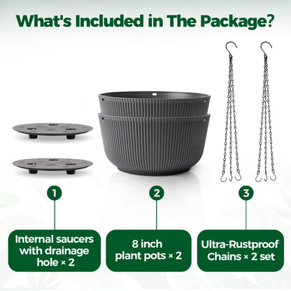T4U 8 Inch Hanging Planters for Indoor Outdoor Plants, Self Watering Hanging Pot Pack of 2, Hanging Pots with Drainage Hole & Plug & Chain with 3 Hooks for Garden Home Decor, Grey