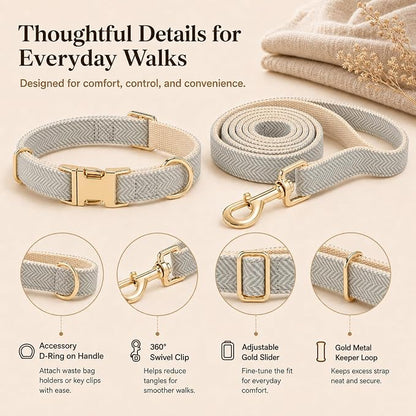 Herringbone Tweed Dog Collar and Leash Set for Small Dogs, Gray | Snag-free, no-rub design. Soft breathable cotton, gentle on fur. Adjustable durable matching combo for walks & outdoors.