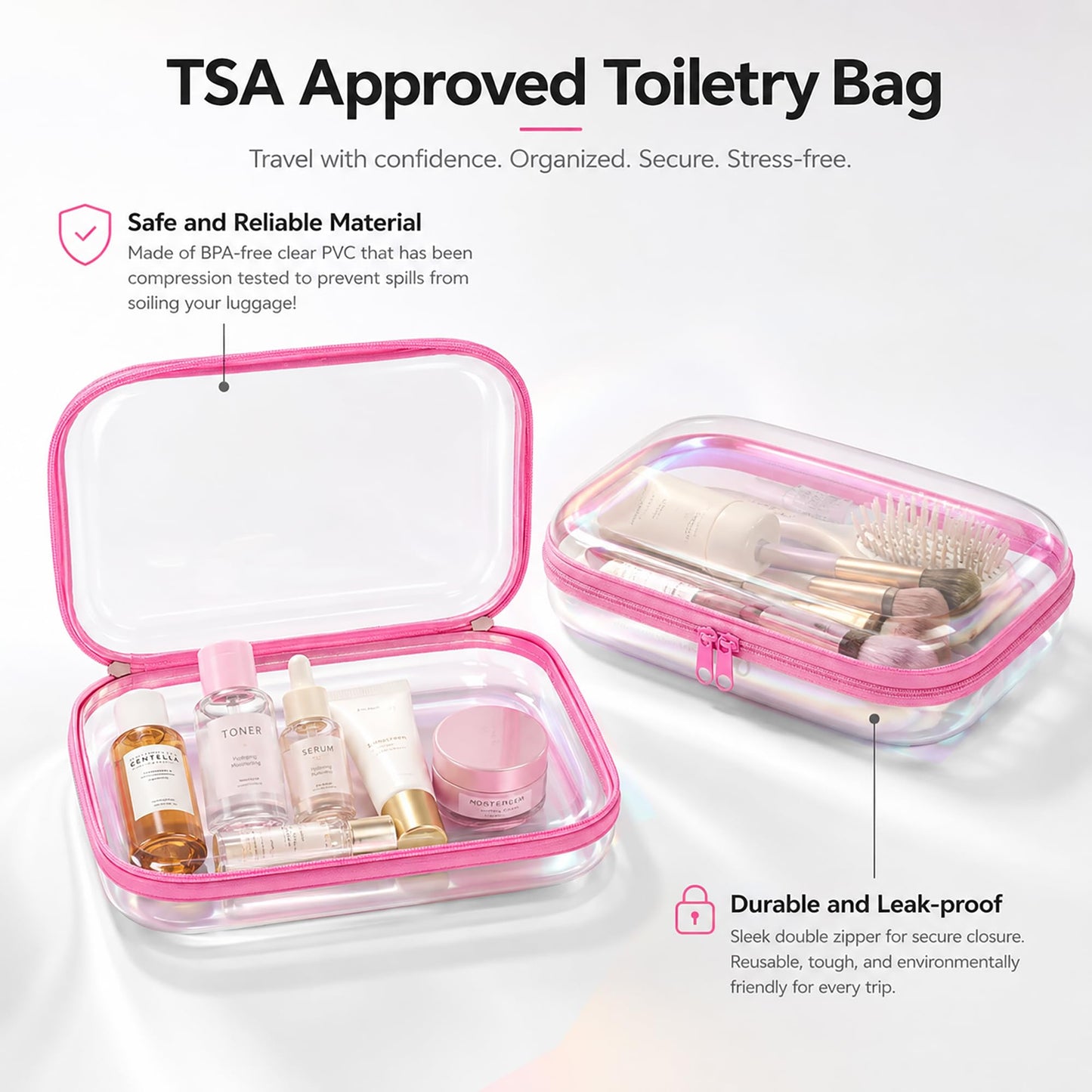 2-Pack Clear Hardshell Zipper Case, 1.2mm Thicken Crush-Proof Travel Toiletries Bag, TSA Approved Portable Zipper Pouches, Rigid Toiletry & Diaper Bag Organizer for Tech, Toys & Art Supplies(Pink)