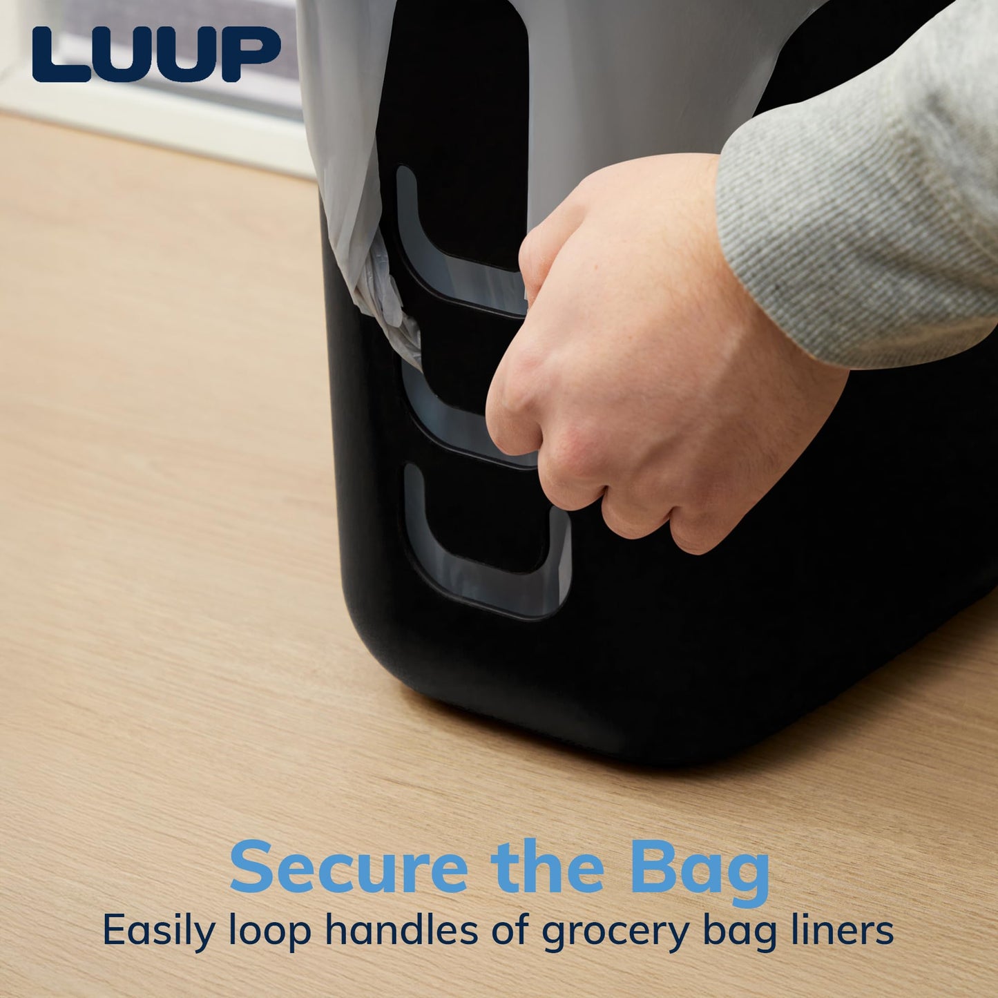 STORi Luup Trash Can (Black) - Reuse Grocery Bags - Plastic Garbage Container for Bathroom, Vanity, Laundry Room, Kitchen, Office, Garage - 2.5 Gallon Wastebasket with Hooks to Secure Trash Bags