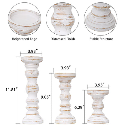 SWALLOWLIVING Rustic Farmhouse Wood Pillar Candle Holder Set of 3 for Candlestick, White