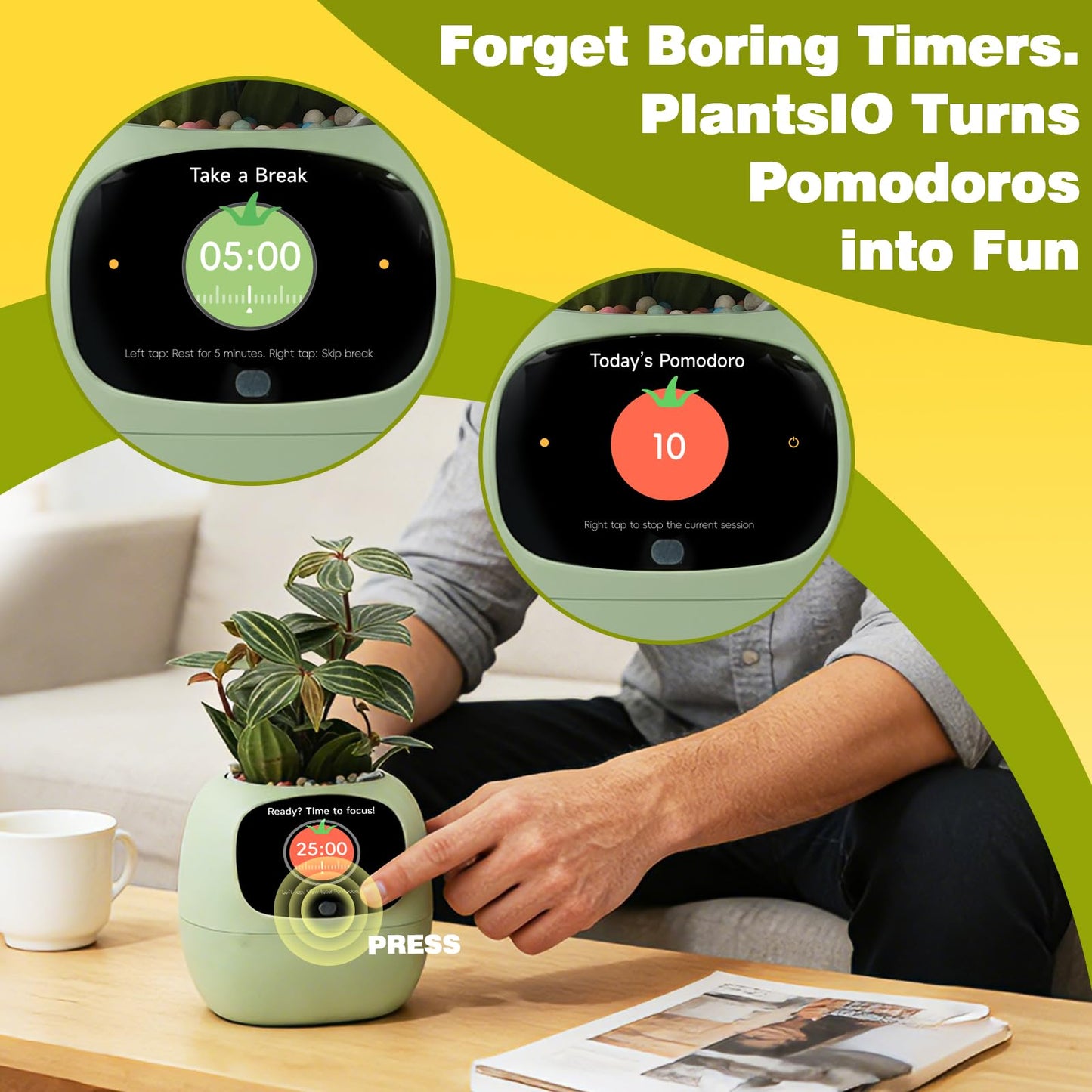 Smart Plant Pot with Visual Display – Soil Moisture, Water Level, Light & Battery Monitor, 80ml Self-Watering Reservoir, Supports 100+ Plants, Pomodoro Timer, Clock & Calendar-Green