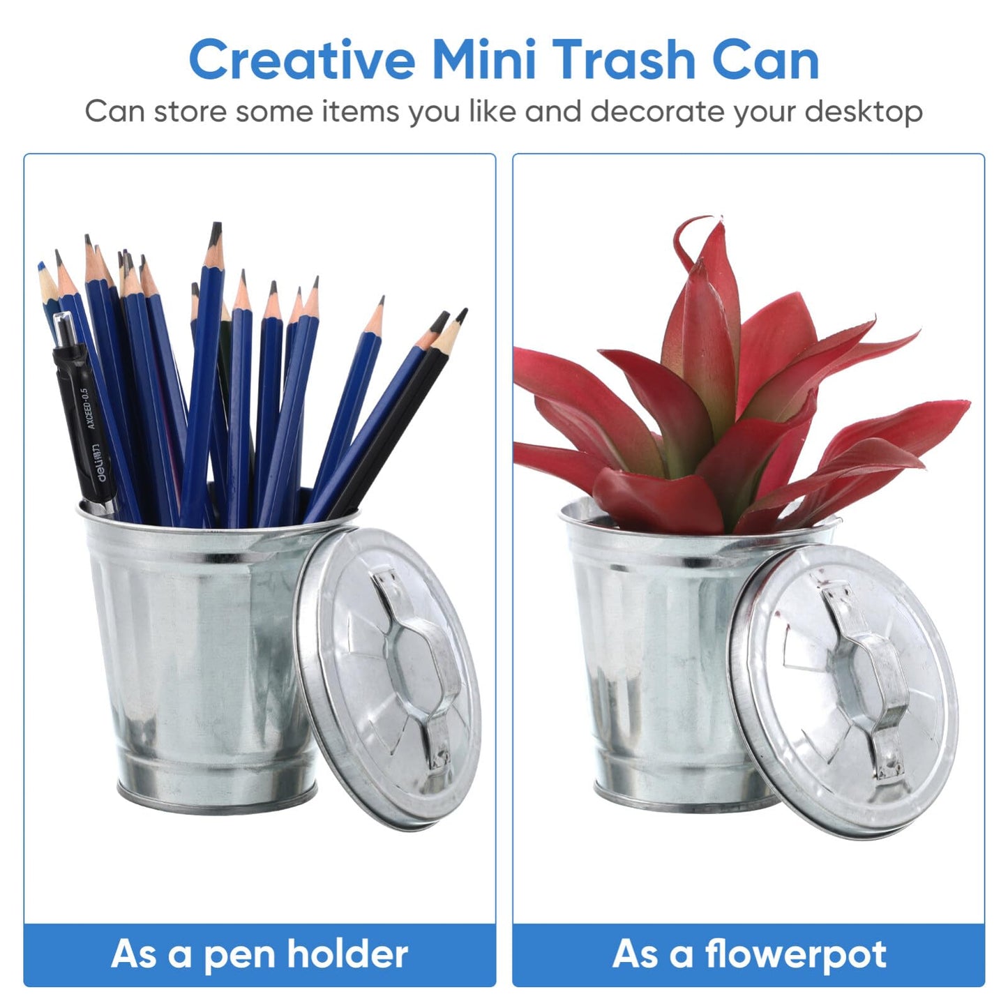 PRETYZOOM Mini Table Storage Jar Compact Desktop Trash can with Lid Small Metal Waste Container Multifunctional Flower Pot and Pen Holder for Home Office Dorm