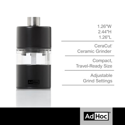 AdHoc Mini Salt & Pepper Mill - 2-in-1 Refillable Salt & Pepper Grinder Set - Features Adjustable Mechanism & Ceracut Ceramic Grinder (Black)