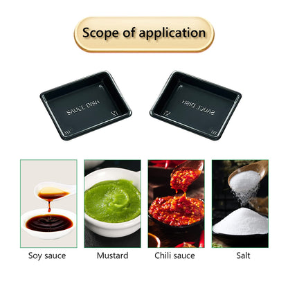 Xanadued 100 Pcs Plastic Disposable Sauce Dishes, Dipping Soy Sauce Seasoning Plate Bowls, Mini Condiment Appetizer Tray for Sushi Soy Mustard Vinegar Ketchup BBQ,Black Rectangle