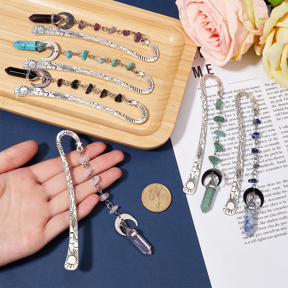 SUNNYCLUE 6Pcs Stone Bookmarks Charm Book Marks Antique Silver Metal Alloy Vintage Natural Synthetic Gemstones Crystal Dangle Pendant Hook Book Makers for Books Teacher Friend Reading Accessories