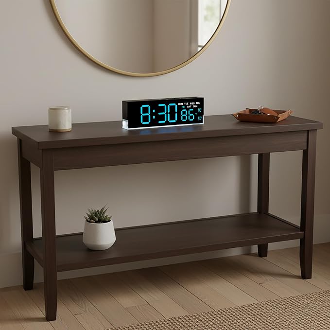 zyzamay 7 Inch Modern LED Digital Alarm Clock with Dual Alarms & Soft Bottom Light｜Displays Time, Date, Day, Temperature｜3-Level Auto/Manual Brightness, DST, USB or Battery Powered Desk Clock,Blue