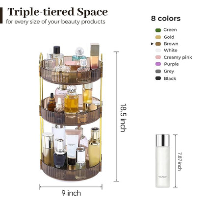 Aveniee Rotating Makeup Organizer for Vanity, 3 Tier Perfume Organizers and Storage for Bathroom Countertop, Clear Spinning Skincare Counter Shelf Holder for Dresser,Brown