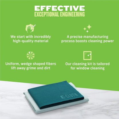 E-Cloth Microfiber Window Cleaning Cloth Kit - Glass Cleaning Cloth for Windows, Mirrors, Cars, Lenses, Eyeglasses, & More, Streak Free Clean, Machine Washable Reusable Towel - Green