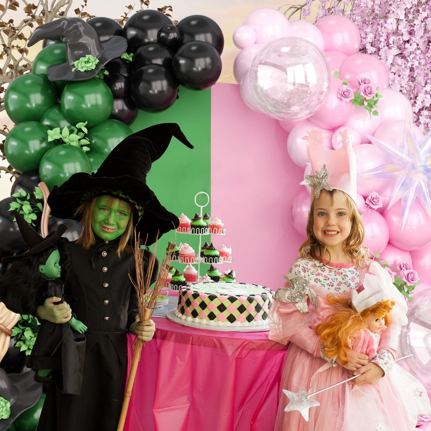 Pink Green Black Balloon Arch Kit, 153 Pcs Wick Balloons with Iridescent Exploding Star Balloons for Princess Witch Birthday Themed Party Decorations Fairy Wonderlad Party Supplies