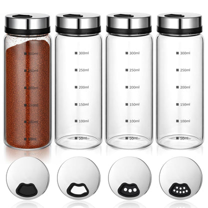 MySHUCE 4Pcs 10 oz Large Salt & Pepper Shakers, Clear Glass Shaker Bottles with 4 Adjustable Outlet Holes Spice Seasoning Cans for Kitchen Decor Home Restaurant BBQ Camping