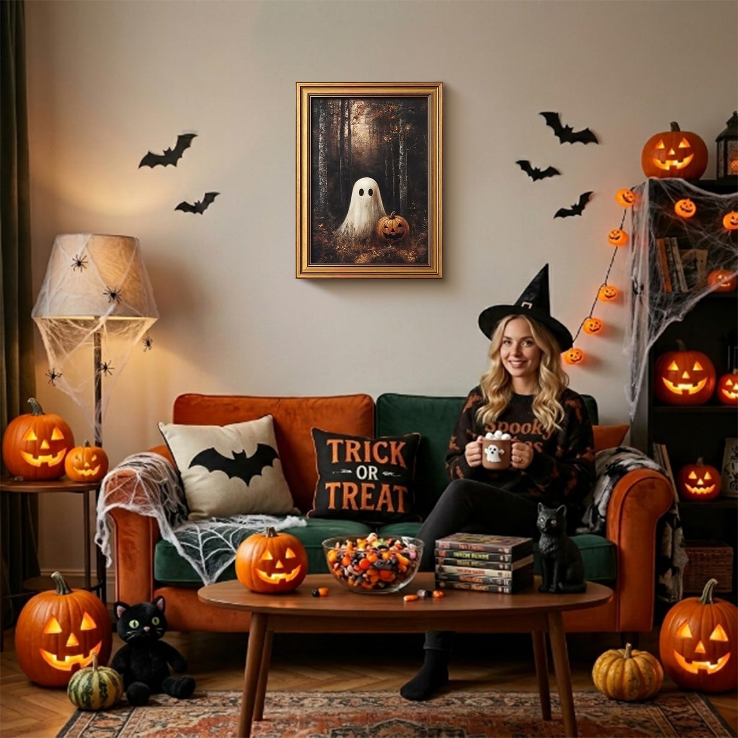 YHCTHT Gold Framed Halloween Wall Art, Ghosts Pumpkin Pictures Wall Decor