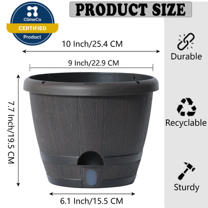 Sun-E 10 Inch Self Watering Planters 3-Pack - Rustic Whiskey Barrel Flower Pots with Water Level Indicator & Drainage, Farmhouse Decor for Indoor Outdoor Plants (Dark Brown Wood Grain)