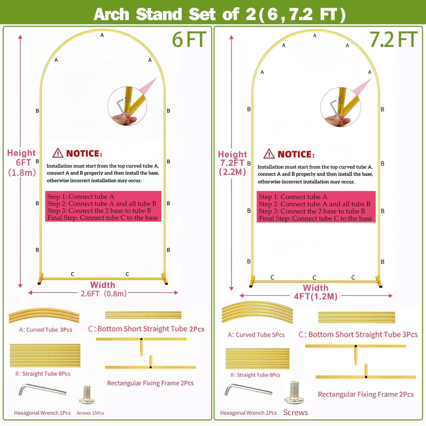 Metal Arch Backdrop Stand 7.2FT+6FT Wedding Arch Backdrop Stand Set of 2 Gold Arch Backdrop Stand for Valentines Day Party Wedding Ceremony Baby Shower Birthday Floral Balloon Decration
