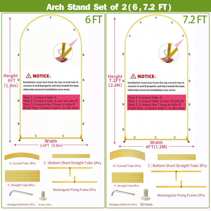 Metal Arch Backdrop Stand 7.2FT+6FT Wedding Arch Backdrop Stand Set of 2 Gold Arch Backdrop Stand for Valentines Day Party Wedding Ceremony Baby Shower Birthday Floral Balloon Decration