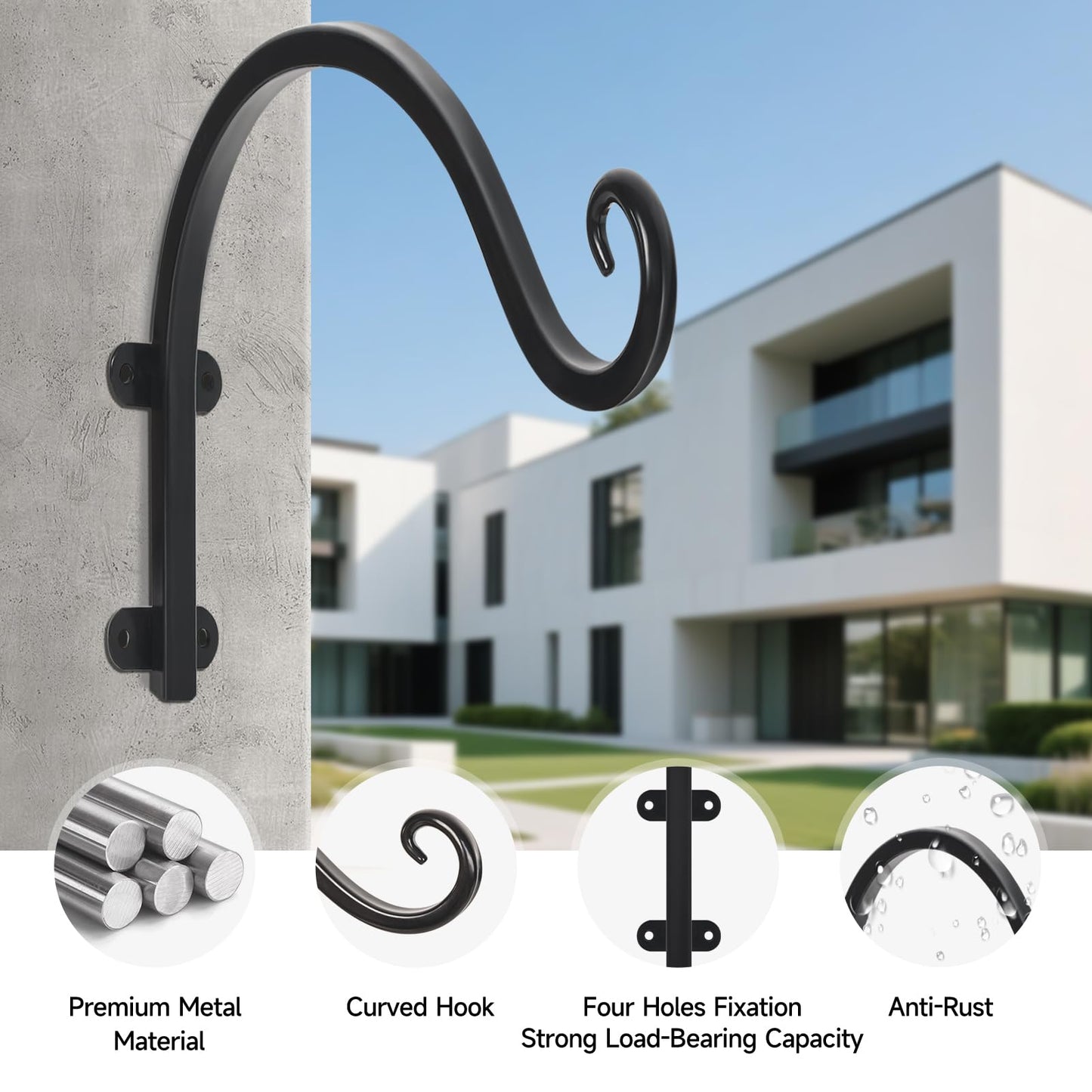 4 Pack 12Inch Plant Hanger, Sturdy Hanging Plant Bracket Hooks Outdoor, Bird Feeder Hanger for Bird Feeders, Planters, Lanterns, Wind Chimes Indoor Outdoor (Black)
