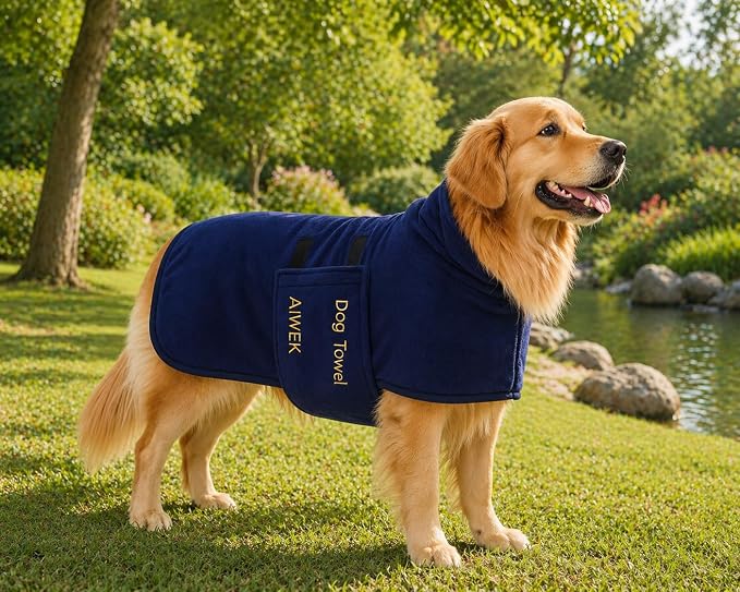 Dog Towel Dog Bathrobe, Microfiber Super Absorbent Pet, Quick Drying Robe for After Bath, Adjustable Collar & Belly Strap Pet Cat Bath Robe Towel Blue-L