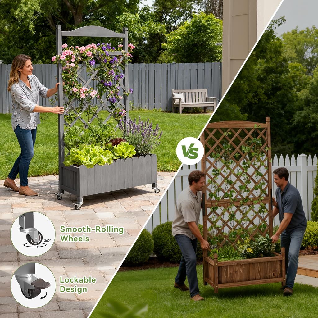 COMHOMA 2 Pack Planter Box with Trellis and Wheels, 48In Elevated Raised Garden Bed, Drainage Holes, Outdoor Lattice for Climbing Flowers, Vegetables, Patio Balcony, Gray