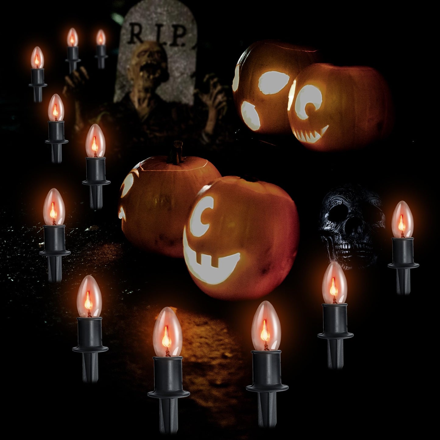 TIORIY 24.2ft Flickering Flame Pathway Halloween Light Decoration Outdoor, C9 String Lights Halloween Decor with Stakes, Waterproof 20 Flicker Lights for Garden, Party, Green Wire