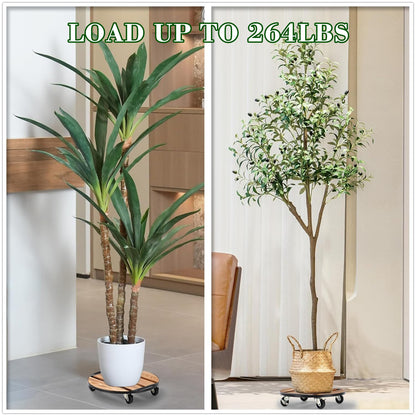 2 Pack Plant Caddy with Wheels,14" + 12" Rolling Plant Stand 264 LB Heavy Duty, Iron and Wood Round Plant Dolly with Metal 360° Lockable Wheels for Outdoor Indoor Large Plant Pots, Patio, Flower Pot