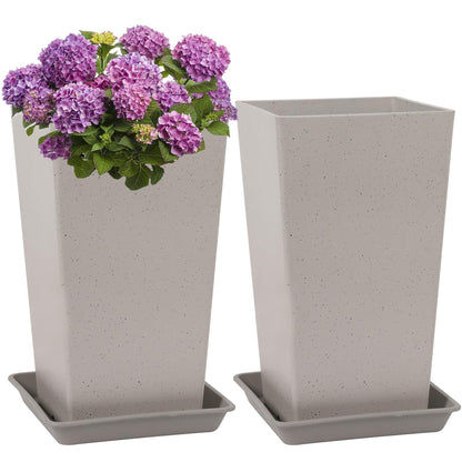 Neoaider Set of 2 Tall Planter, 21 inch Large Plastic Planter with Drain Hole & Saucers, Large Outdoor Planters for Porch, Garden, Patio, Balcony(Light Gray)