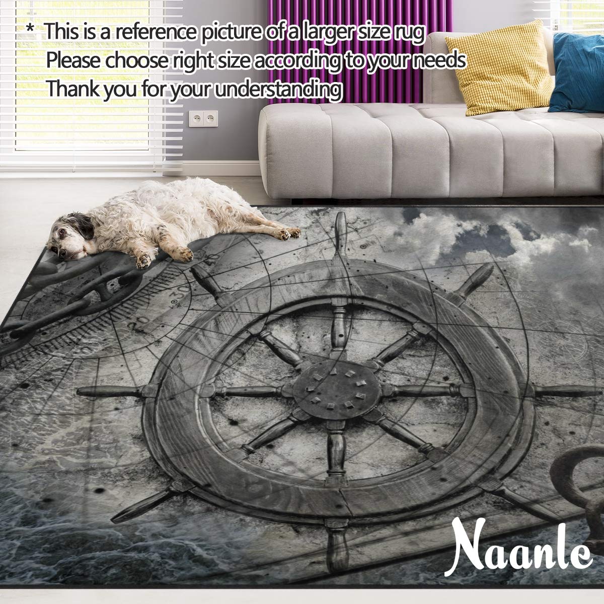 Naanle Ocean Area Rug 5'x7', Steering Wheel Charts Anchor Chains Polyester Area Rug Mat for Living Dining Dorm Room Bedroom Home Decorative