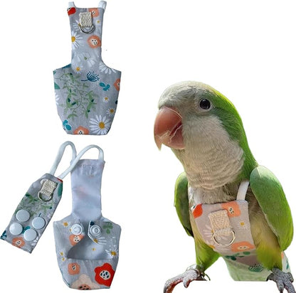 Snap-Closure Parrot Diaper Flight Suit for Cockatiels, Lovebirds & Medium Birds Cotton Washable Escape-Proof Harness with Leash Set(Medium Parrot)
