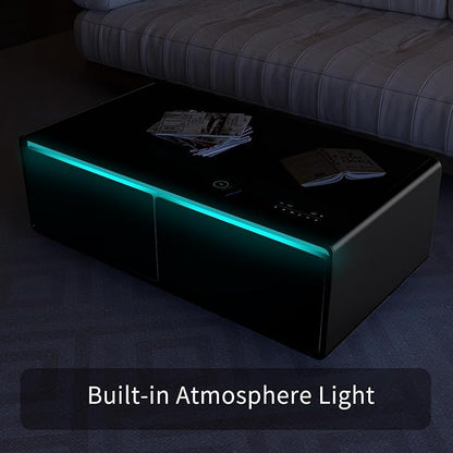 Smart Coffee Table with Fridge and Bluetooth, Wireless Charger | Smart Refrigerator Table with Atmosphere Light & Control Panel & Outlet Protection & USB Ports, LT135 Pro-Black