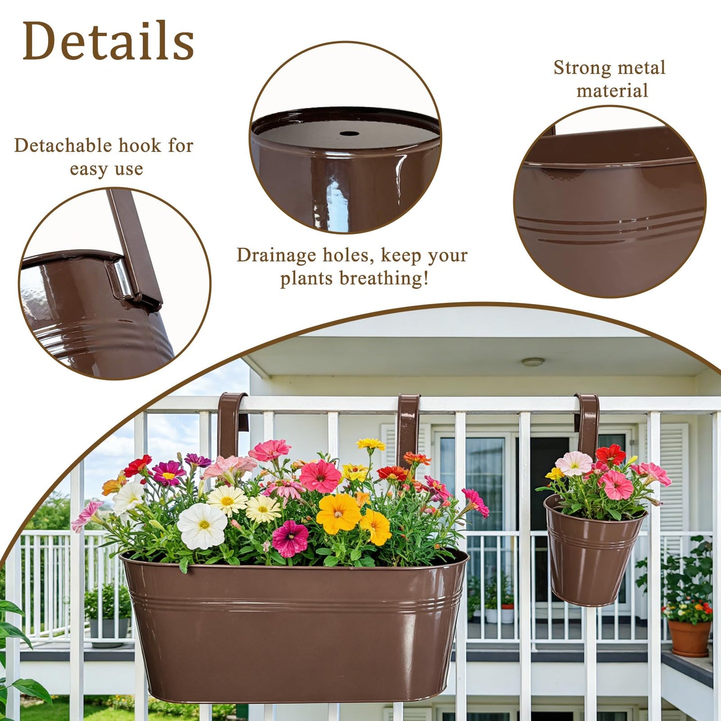 Joyfernal Set of 4 Outdoor Metal Railing Planters Box - 2 Pcs 5.12" Round Balcony Hanging Planter & 2 Pcs 17" Oval Fence Pot with Detachable Hooks Drainage, Chocolate