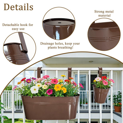 Joyfernal Set of 4 Outdoor Metal Railing Planters Box - 2 Pcs 5.12" Round Balcony Hanging Planter & 2 Pcs 17" Oval Fence Pot with Detachable Hooks Drainage, Chocolate