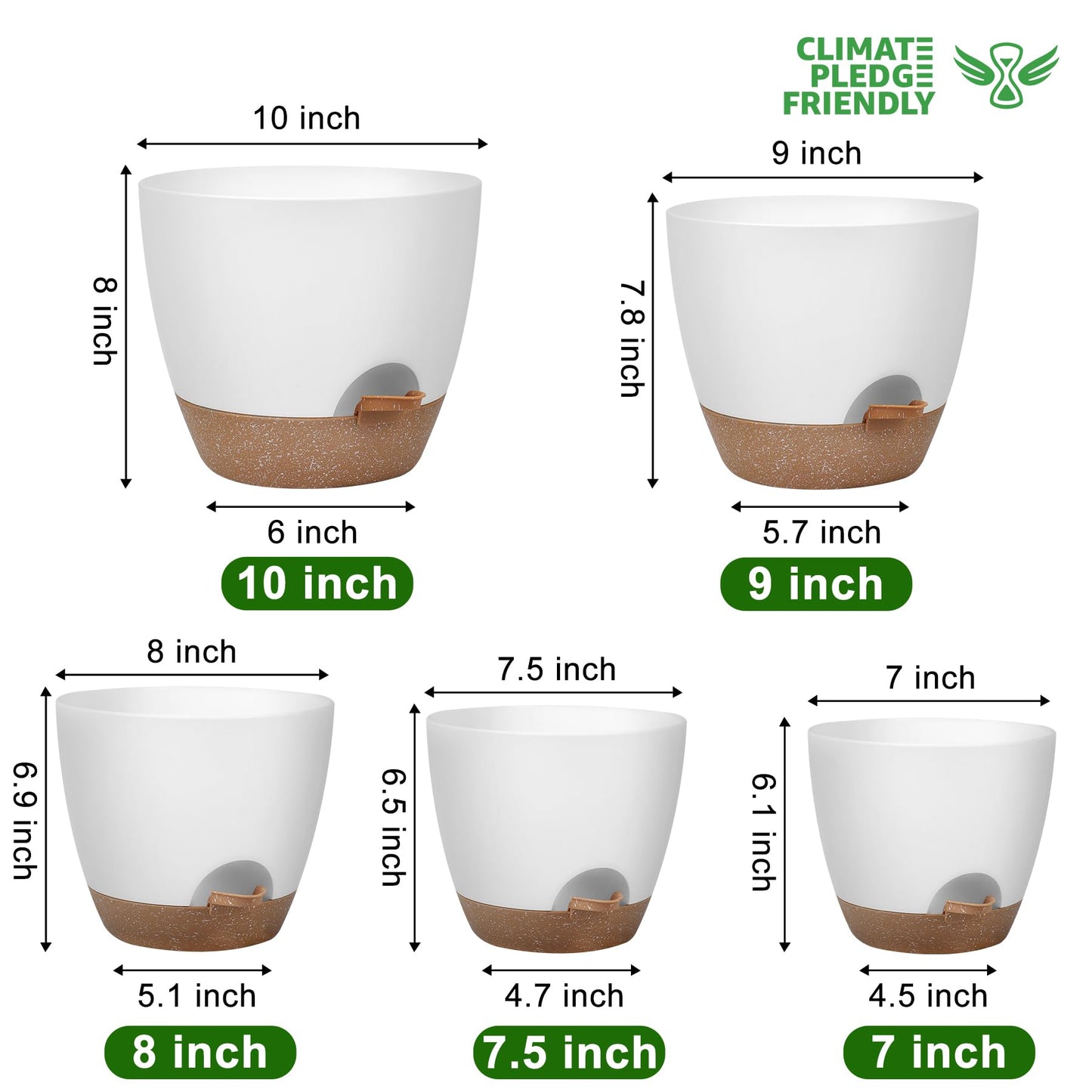 QRRICA Plant Pots 10/9/8/7.5/7 Inch Self Watering Pots, Set of 5 Plastic Planters with Drainage Holes and Saucers,Plastic Flower Pots,Nursery Planting Pot for Indoor Out Door Plants（White）