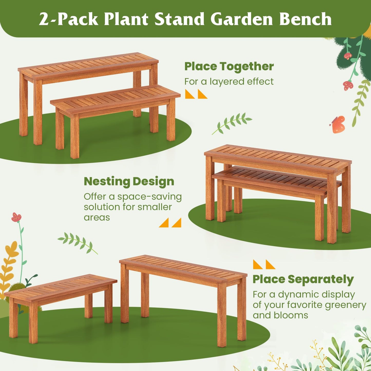 HOMGX Wooden Plant Stand Set of 2, Multifunctional Outdoor Backless Garden Bench with Slatted Seat, Easy Assembly, Rustic Flower Display Shelf for Yard, Entryway, Max Load 330 lbs, Natural