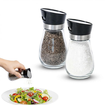 Salt And Pepper Shakers Set，Adjustable Rotating Cap Design For Precise Dose Control，Refillable Glass Jars With Matte Black Lids，Modern Kitchen Spice Containers，Kitchen Utensils