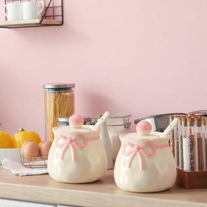 Ferrochef 2 Pcs Pink Bow Salt and Pepper Containers Cute Sugar Container with Lid Ceramic Salt and Pepper Cellars with Lids Spoons Pink Kitchen Gift for Women Coquette Decors for Spice Housewarming