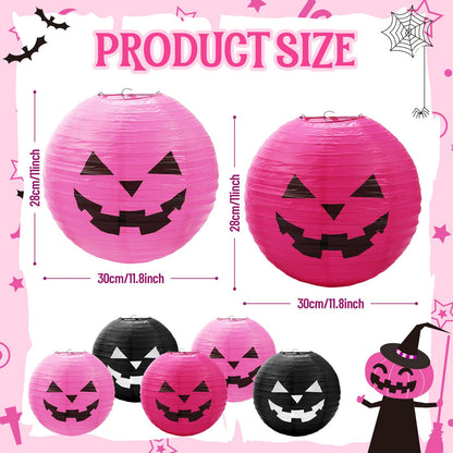 Blulu 6 Pieces Halloween Hanging Paper Lanterns Set Pumpkin Paper Jack-O'-Lantern for Halloween Spooky Home Party Decoration, 11.8 x 11 Inch (Pink,Black)