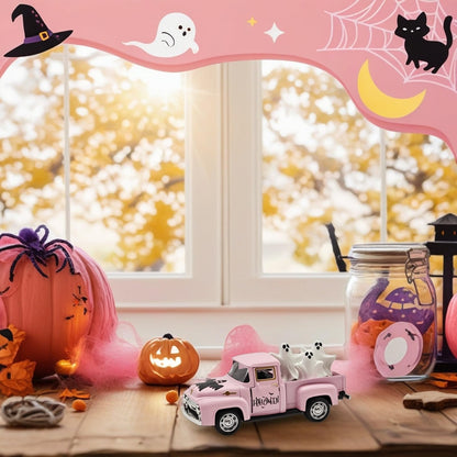 Halloween Decorations - Mini Cute Farmhouse Style Halloween Metal Truck Decor with 3 Removable Mini Ghost Ornaments for Tabletop, Tiered Tray, Shelf, Fireplace and Home Indoor Décor(Halloween-Pink)