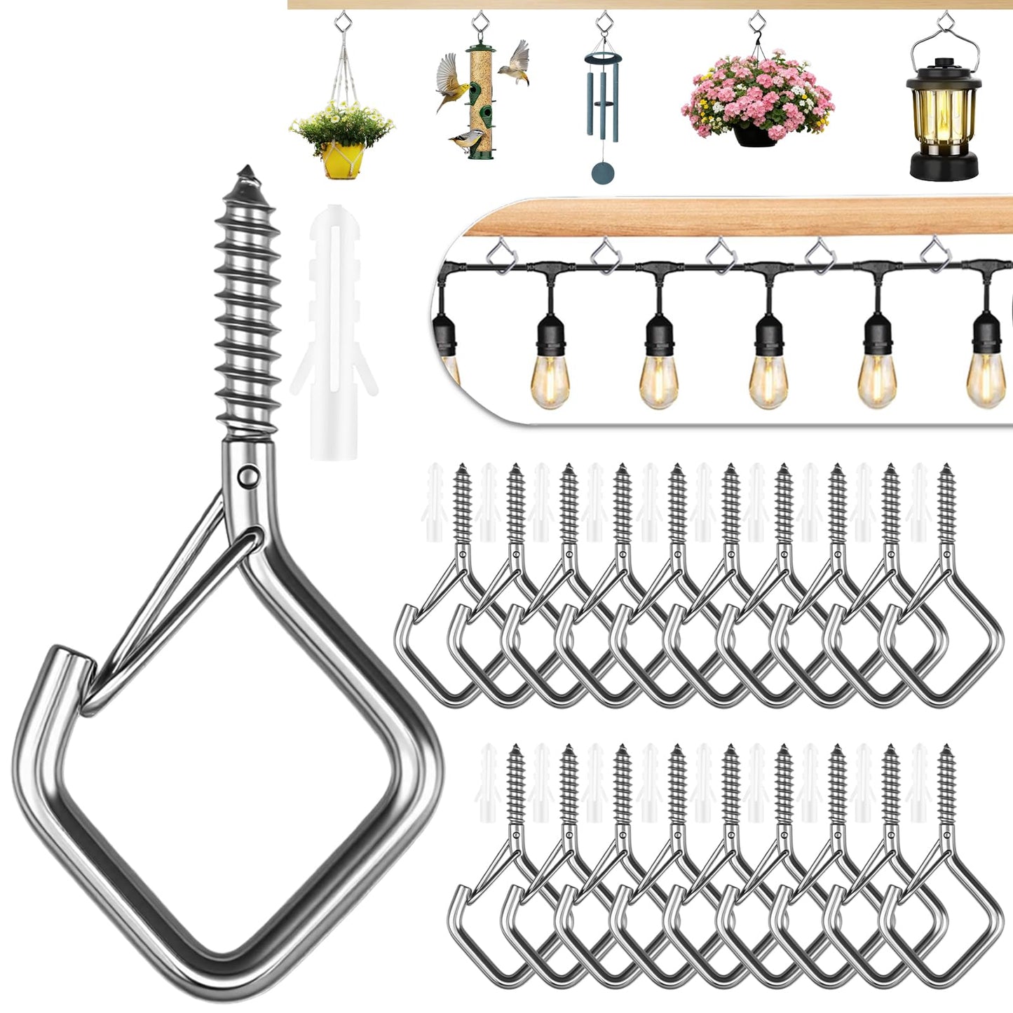 Emiluil 20 Pcs 304 Stainless Steel Eye Screw Hooks for Hanging Heavy Duty.Windproof Ceiling Hooks for Hanging Plants,Cup,Wind Chime,Bird Feeders,Christmas String Lights at Indoor&Outdoor 2.2 Inch