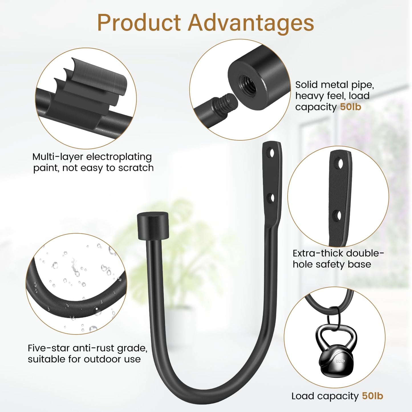 HIKMLK Minimalist Curtain Holdbacks 2pcs, 100% Cast Iron Solid Heavy Duty Metal Curtain Tieback Side Holders for Wall, Curtain Tie Hook Pull Backs for Drapes Window Home Decoration（Matte Black）