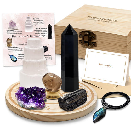 Protection Crystals and Healing Stones Gift Set — Black Tourmaline, Obsidian, Selenite, Labradorite Necklace, Smoky Quartz, Amethyst for Negative Energy & Spiritual Cleansing, Wooden Gift Box