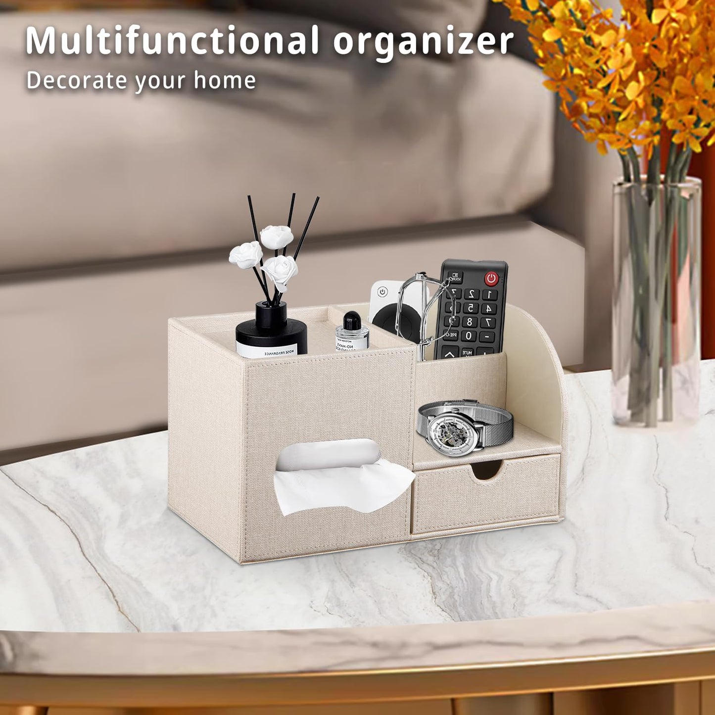 YAPISHI Tissue Box Cover with Storage Tray and Drawer, PU Leather Square Tissue Box Holder, Modern Cube Facial Tissue Dispenser, Makeup Holder, Remote Control Organizer for Nightstand, Bathroom Vanity